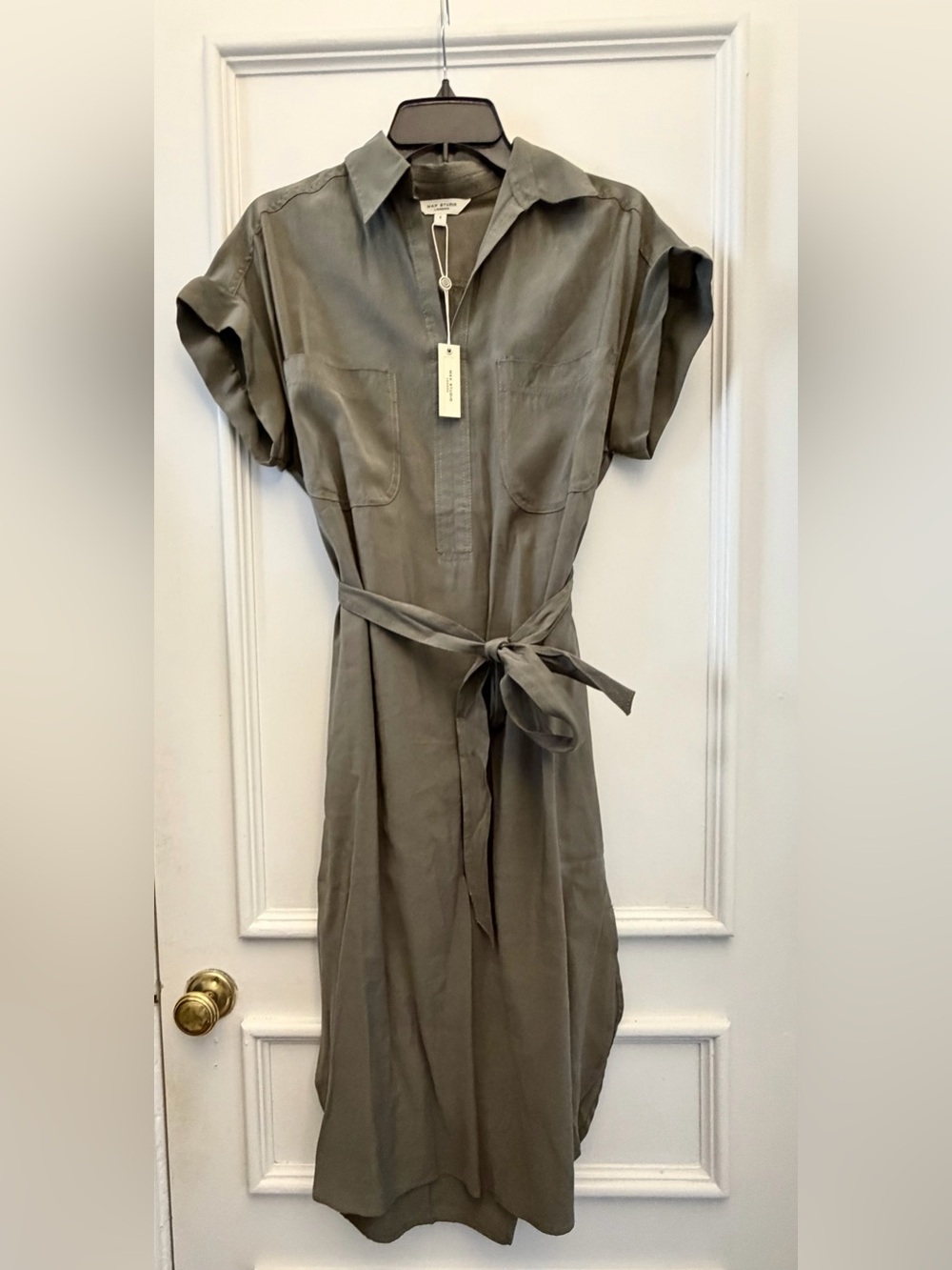 Max Studio Relaxed Shirt Dress in Olive Green with Tie Waist